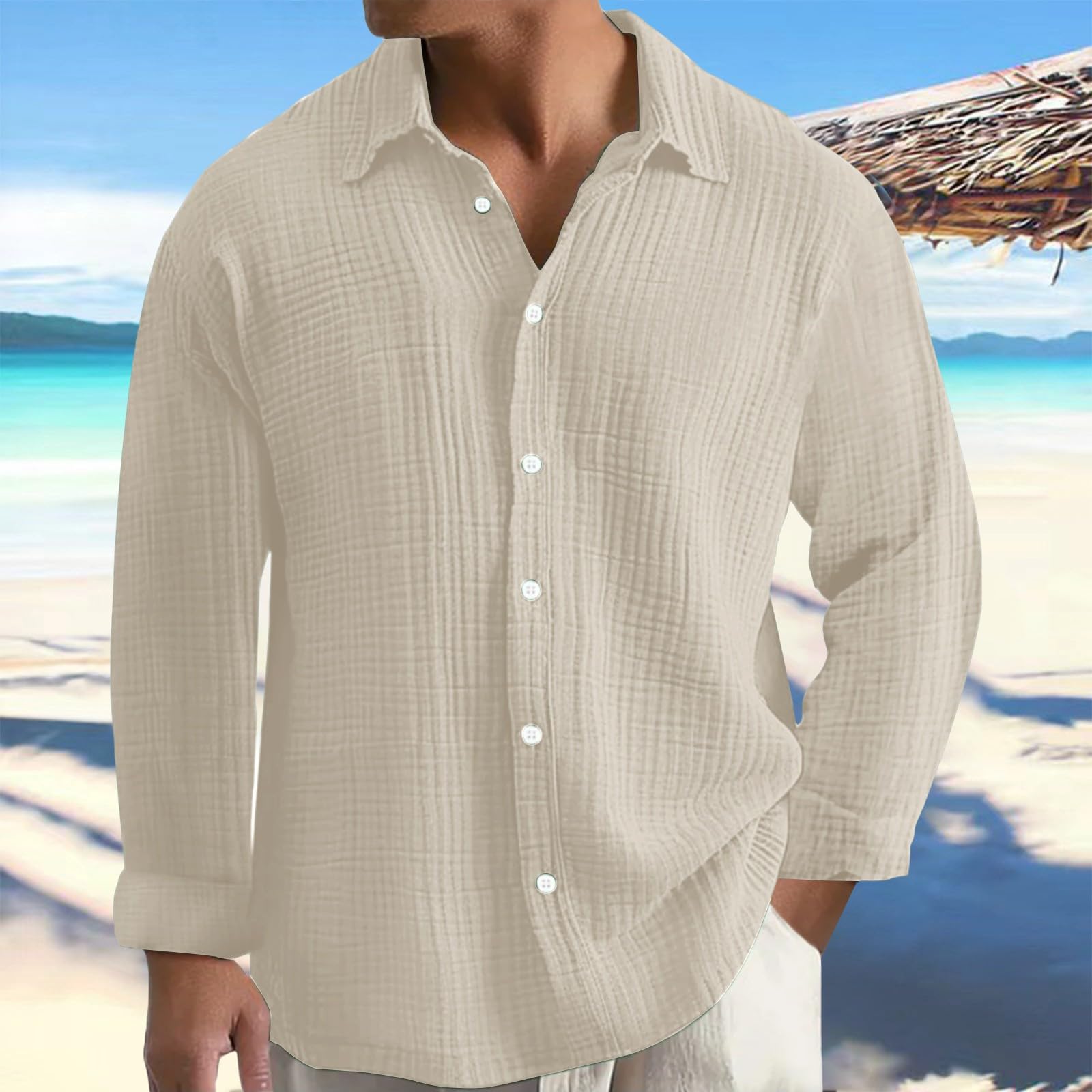 Camicia da uomo a maniche lunghe, taglie grandi, in mussola bottone, leggera, estiva, casual, casual, per il tempo libero, comoda, traspirante, per le vacanze