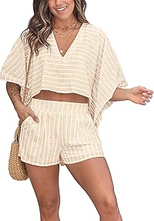 IMCTAH Womens 2 Piece Outfit Striped Short Sleeve Blouse Top and Loose Mini Shorts Outfit Set