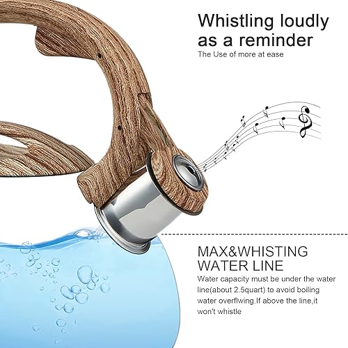 Miniatura 3 de Tetera silbadora de té con mango de madera, silbato fuerte, acero inoxidable de grado alimenticio para estufas, hervidor de agua (azul)