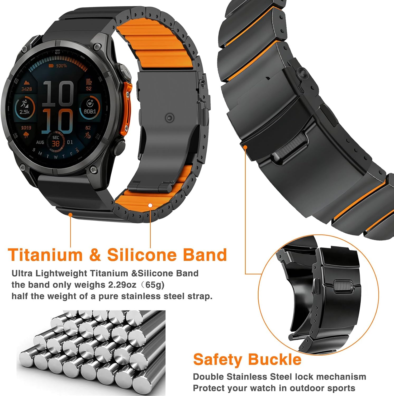 Abanen Lightweight Titanium Silicone Watch Band for Garmin Fenix 8 / Tactix 8 / epix Pro/Enduro, Elevate Dual-Layer Wrist Strap with Flip-Lock Folding Clasp for Fenix 7 /Instinct 3/ Approach S70 47mm