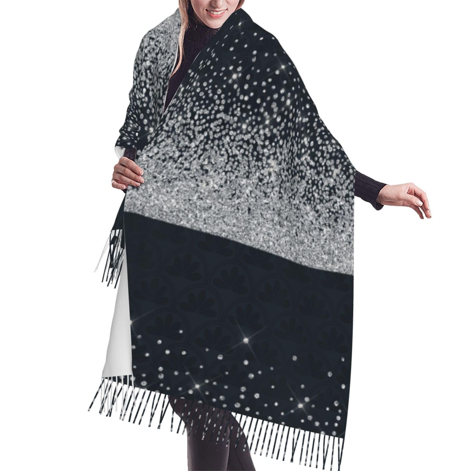 Poadnly Unisex As Picture Black Silver Glitter Diamond Sparkly, Large Soft Cashmere Feel Shawls Wraps Women Fringed Scarf Light Stole 196X68 Cm