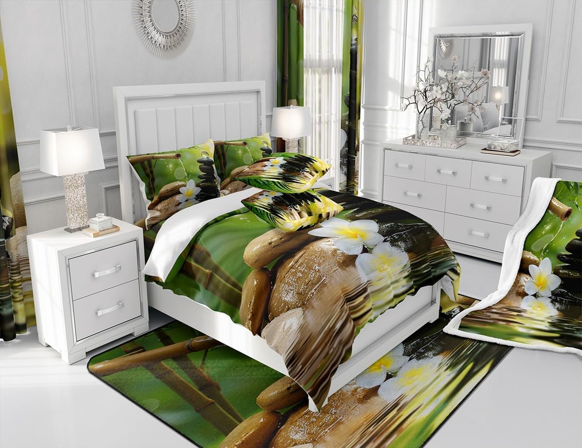Green Bamboo Fountain Bedding Set Queen,Zen Stones Comforter Cover for Boys Girls,Kids Spa Still Life Duvet Cover Natural Meditation Bedspread Cover Teens Bedroom Decor Bed Collection(No Comforter)