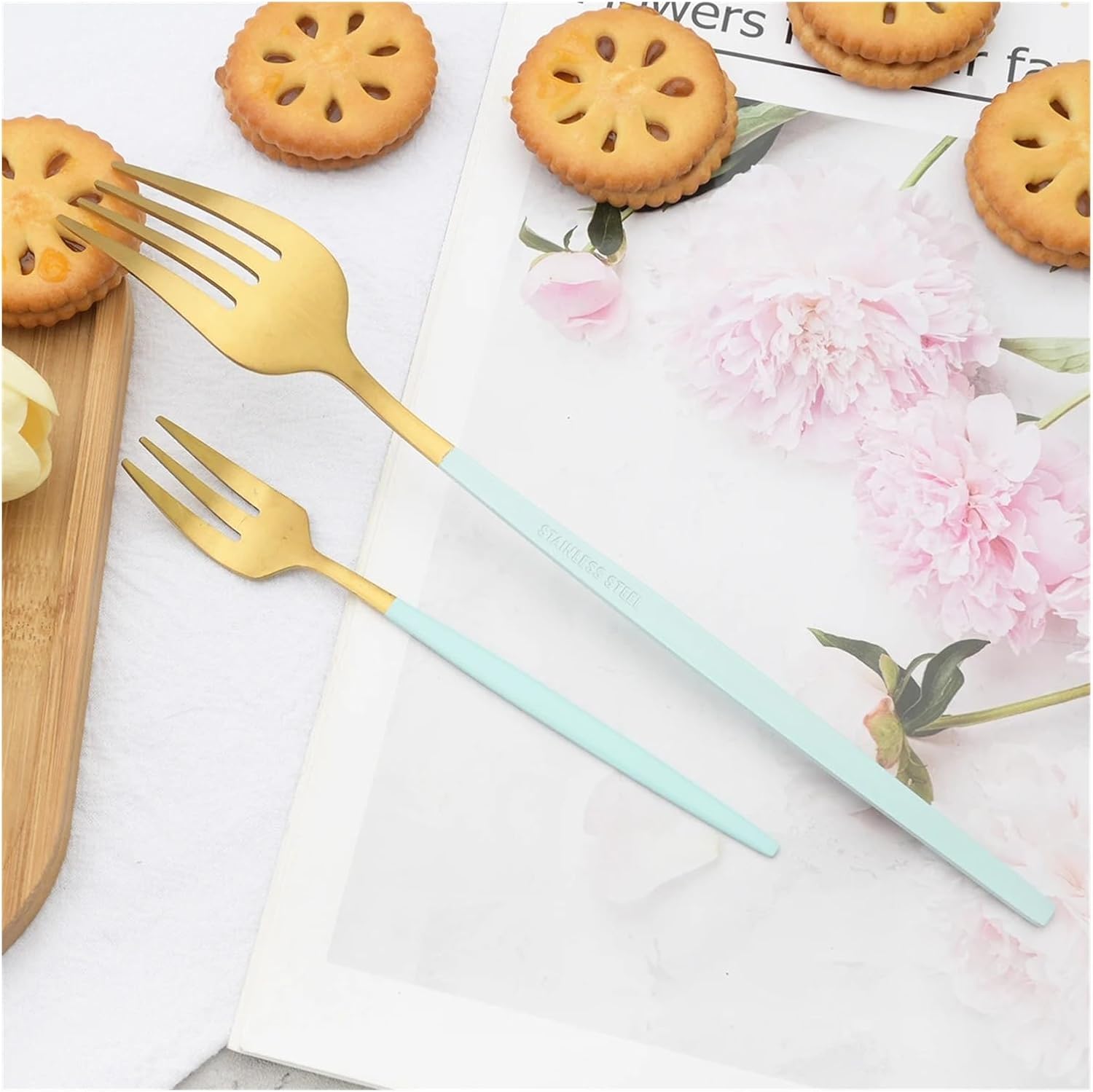 6Pcs Mint Gold Stainless Steel Cutlery Dinnerware Set Butter Knives Fork Coffee Spoon Long Spoons Tableware Set Kitchen Flatware (Color : Dinner Fork silver-21.5cm)
