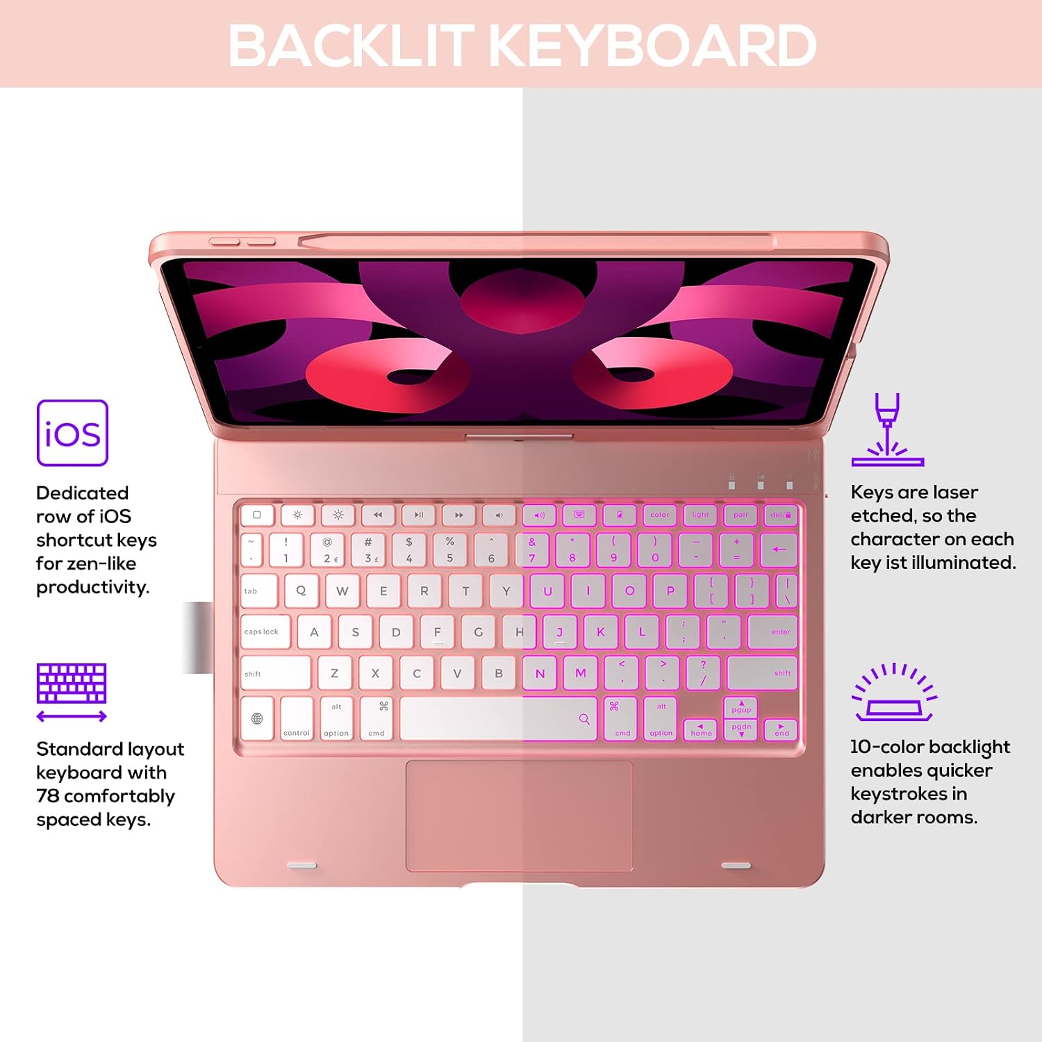 typecase Touch Keyboard Case for iPad Air Case 5th Generation 2022, iPad Air 4th Gen 2020, Trackpad 10 Colors Backlit Keyboard with 360 Hinged, Rugged Keyboard Cover with Pencil Holder - Pink