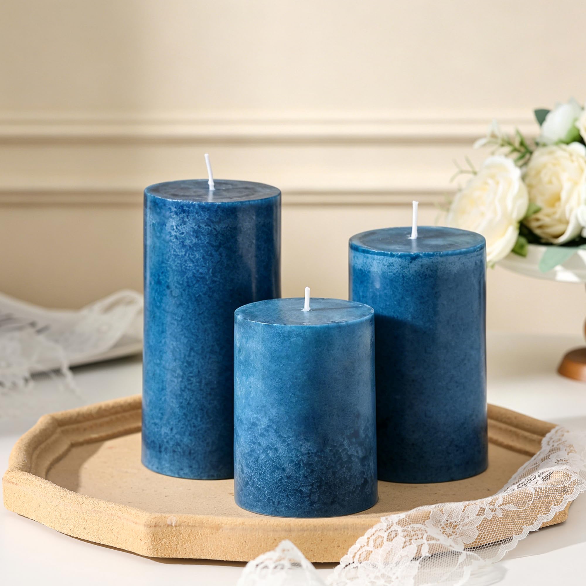 Pillar Candles Set of 3 - Hand-Poured Unscented Pillar Candle, Smokeless Decorative Candle for Home, Candle Decor for Home, Natural Plant Wax, Different Sizes, Blue (4", 5", 6")
