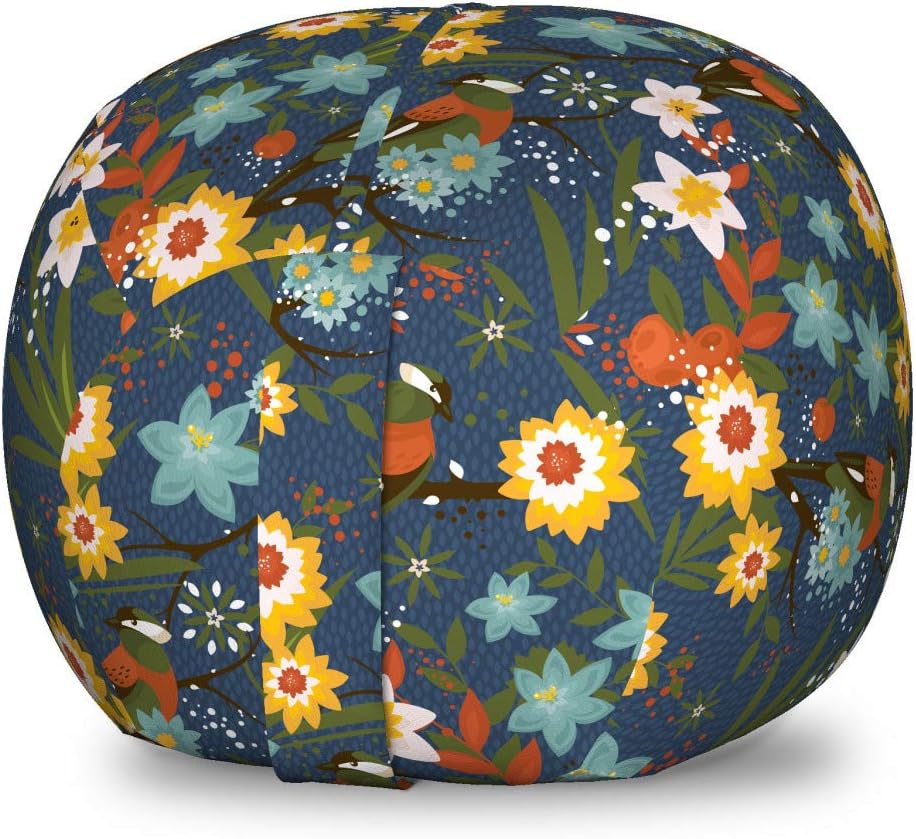 Ambesonne Floral Storage Toy Bag Chair, Vintage Birds Blossoms Art Abstract Arrangement with Berries Print, Stuffed Animal Organizer Washable Bag, Large Size, Multicolor