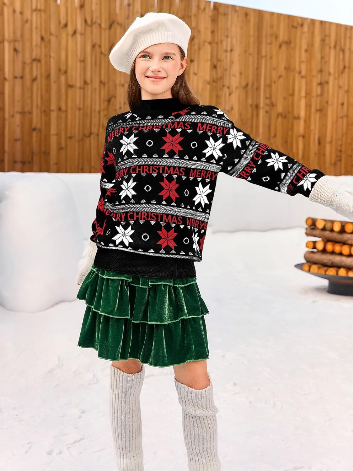 Haloumoning Girls Christmas Sweaters Kids Mock Neck Long Sleeve Pullover Sweater Knit Jumper Tops 5-14 Years - Image 5