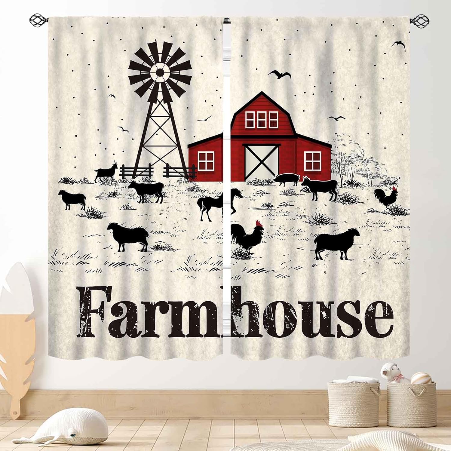 Chicken Curtains for Kitchen, Rustic Farm Animals Rooster Country Farmhouse Cottage Style Window Treatments Drapery for Cafe Bedroom Living Room 2 Panel Sets, 63"x63" Inch