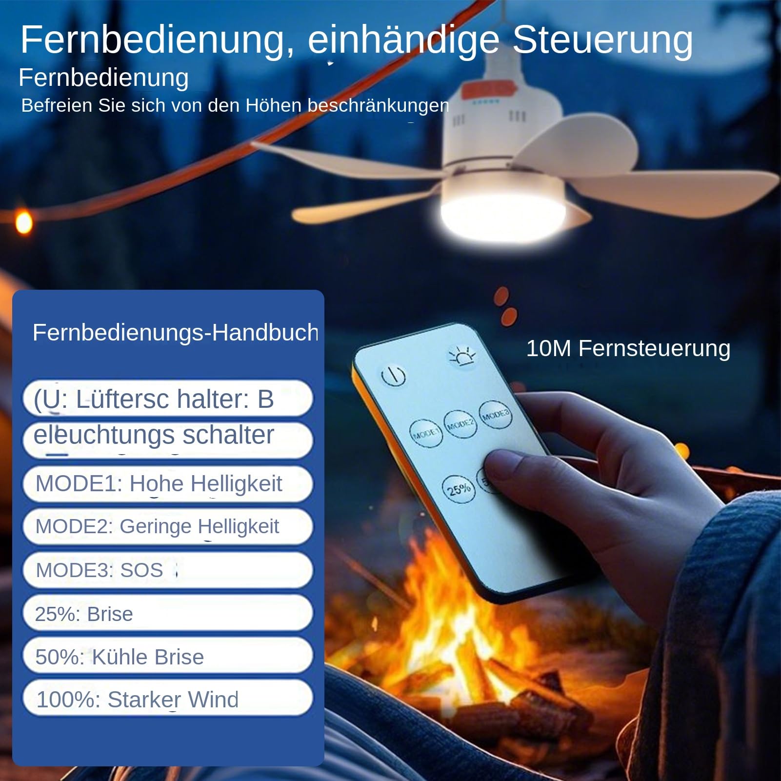 Luckxing Camping Deckenventilator, Zelt Deckenventilatoren Terrasse Deckenventilator mit Licht und Fernbedienung, Einstellbare Geschwindigkeit, wiederaufladbare Kühler für Wohnmobile, Camping