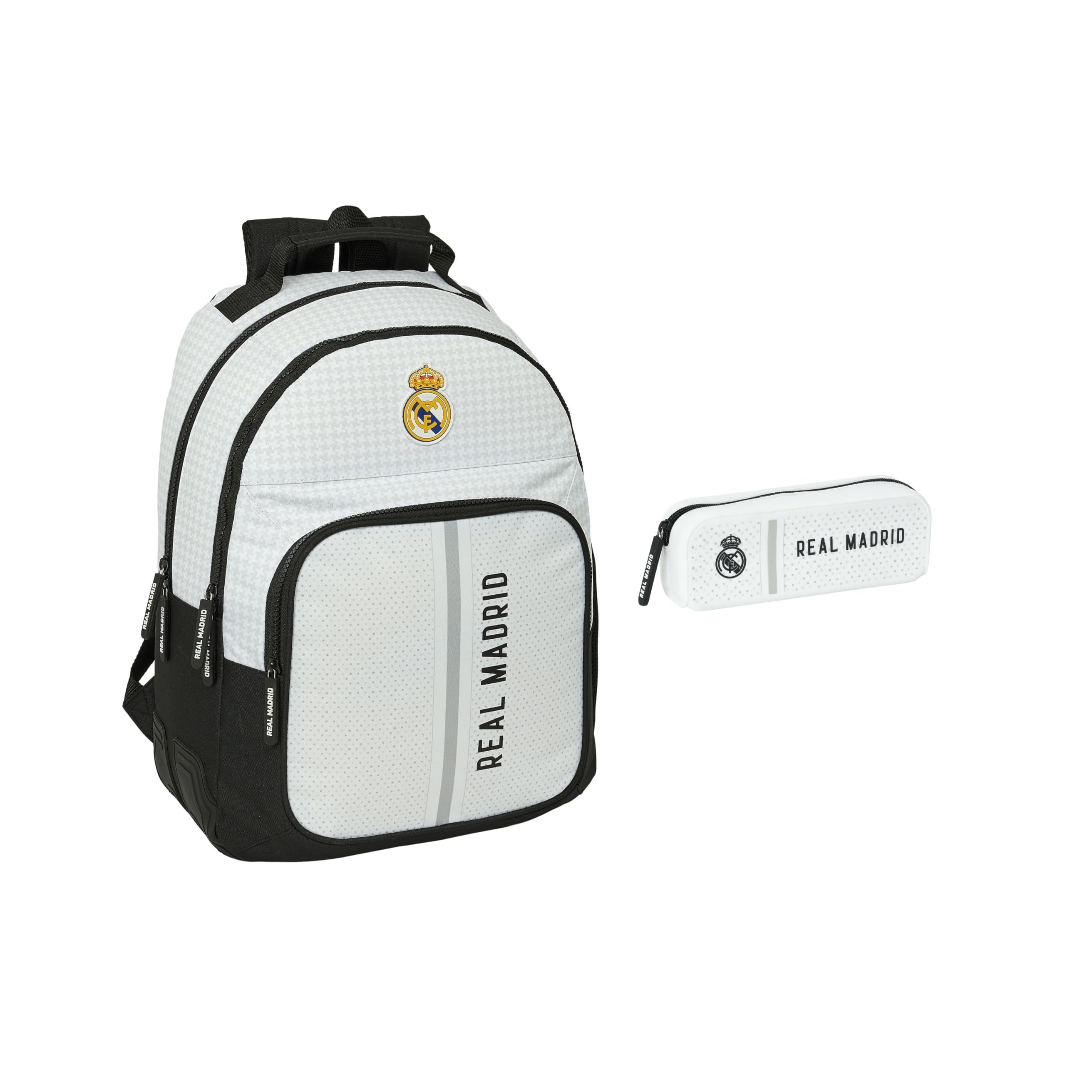 Safta REAL MADRID 1ª EQUIPACIÓN 24/25 OFICIAL - Kit Escolar, Mochila Escolar Infantil + Portatodo Cuadrado Silicona, Pack de 2, Mochila Compacta, Ideal para Niños de Diferentes Edades, Cómodo y Versátil