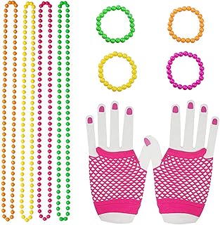80s Women Costume Accessories Set Acrylic Neon Bead Necklace Bracelet Co...