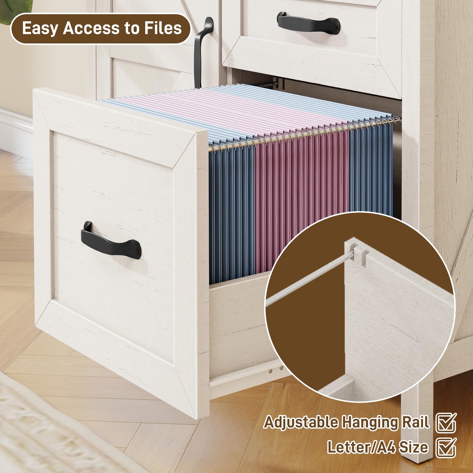 BonVache Aktenschrank mit 3 Schubladen & Tür, Landhausstil Schubladenschrank aus Holz, Weißer Büroschrank für Homeoffice, Schrank mit Druckerablage, geeignet für A4/Letter Hängeregister