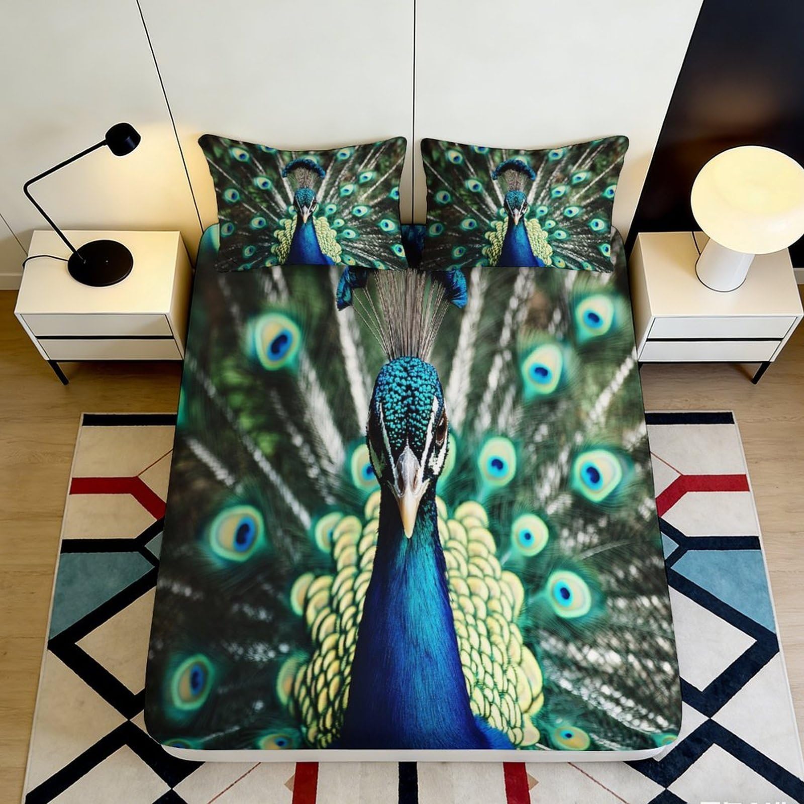 3D Printed Peacock Fitted Sheet Microfiber Soft Breathable Bed Cover for Bedroom Dormitory Guest Room Mattress Protection Decor 200x200x25cm