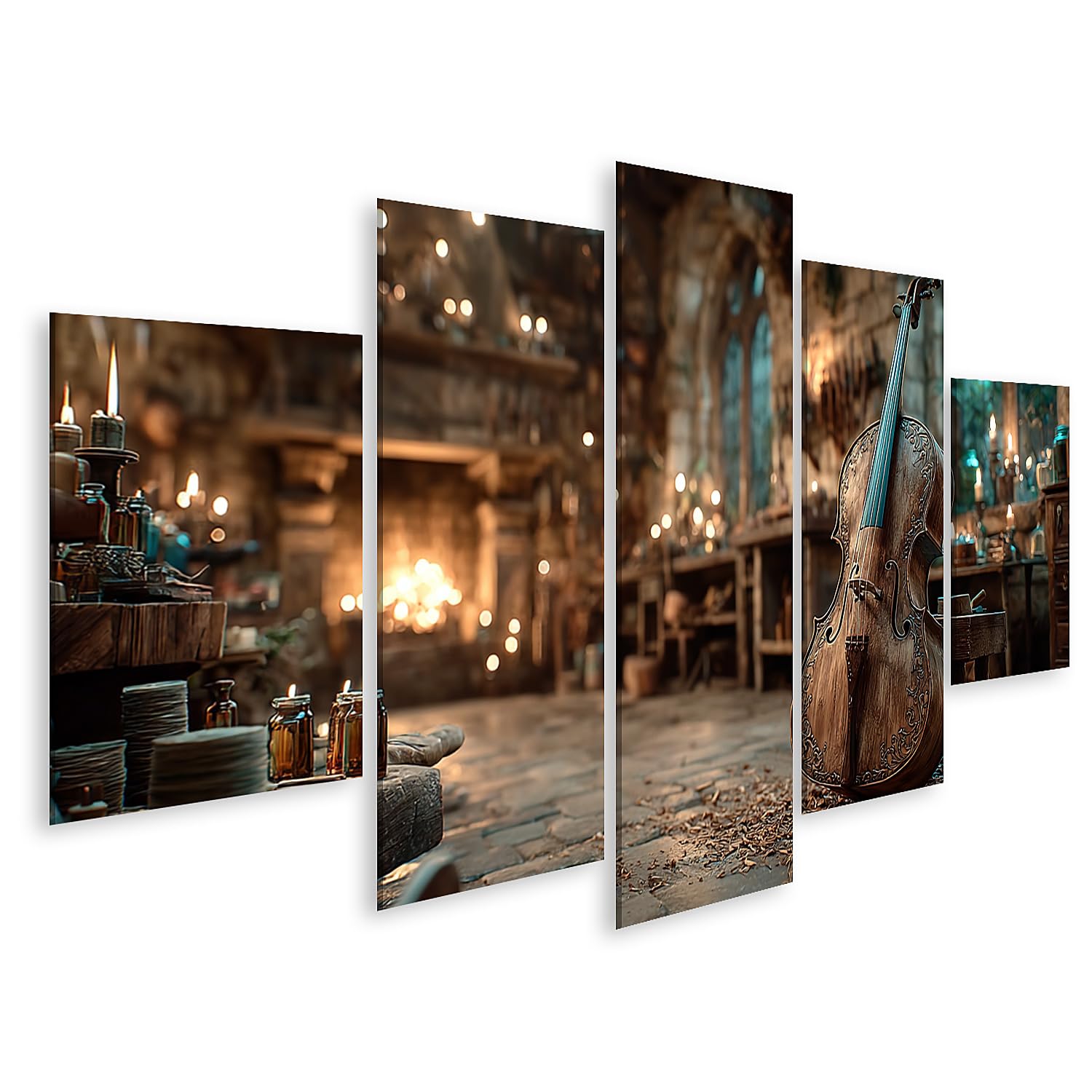 islandburner Bild auf Leinwand Mittelalterliches Streichinstrument in handwerklicher Werkstatt - 5-teilig