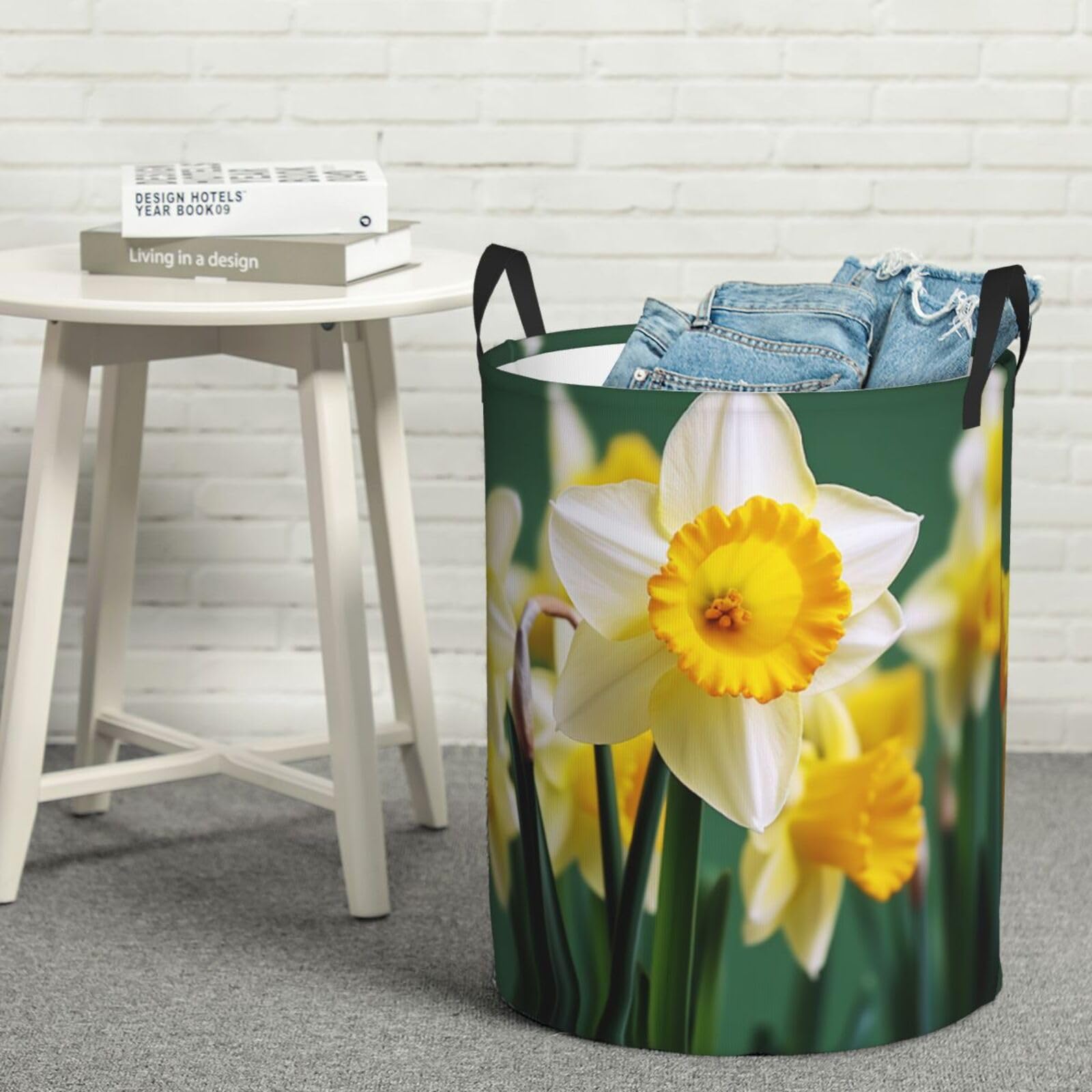 Fodpand Black Daffodil Flower Laundry Basket With Handle, Freestanding Laundry Hamper, Collapsible Dirty Clothes Hamper, Waterproof Fabric Blanket Storage Basket Tall Toy Storage Bin Room Decor Medium