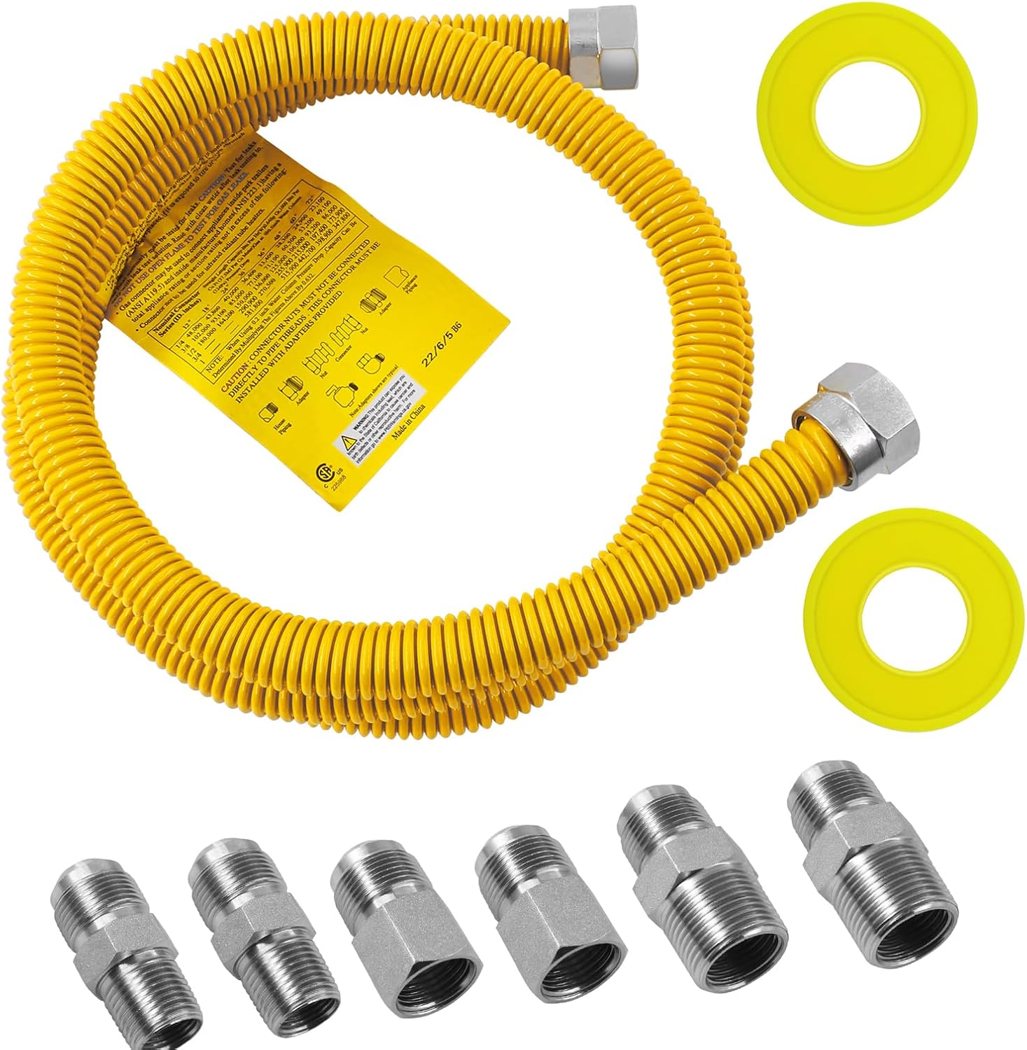 MENSI 48" Commercial Yellow Coated Flexible Gas Pipe Line Kit with 6 Universal Adapters,100% Leak Tested Fits Dryer/Stove Range/Heater,5/8" ODx1/2" ID