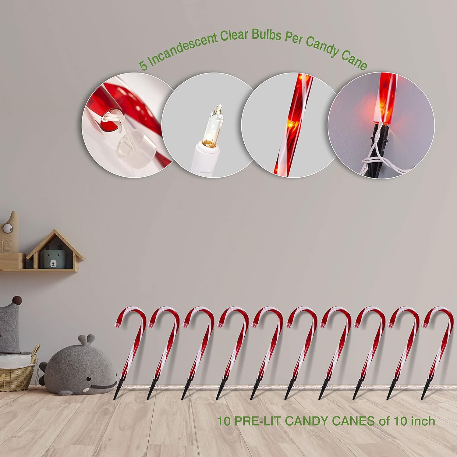 Candy Cane Christmas Lights Outdoor, 10 inch Lighted Candy Cane Yard Lights with Set of 10 Candy Canes Outdoor Walkway Christmas Lights Pathway Lawn Yard Decorations
