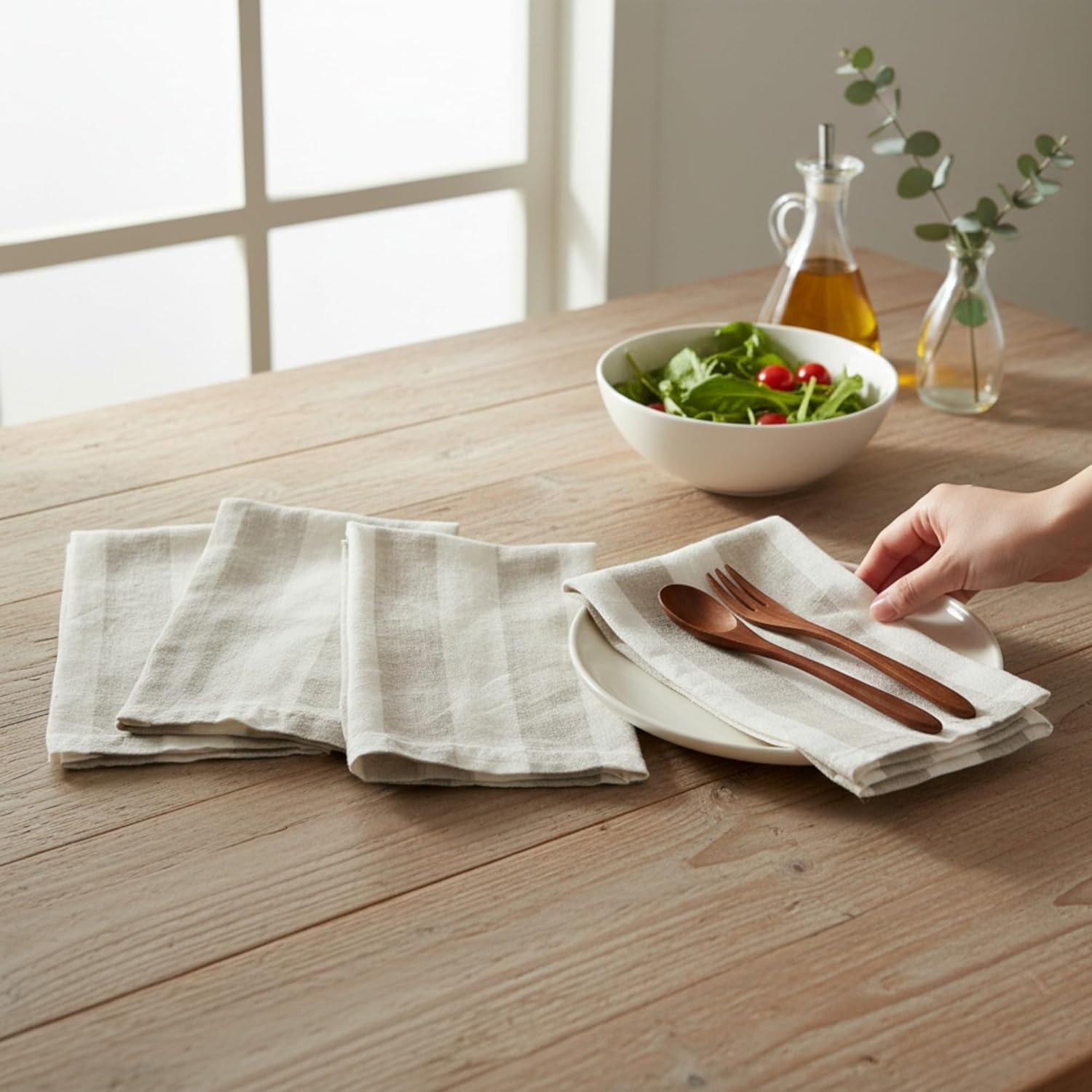 Linen Napkins – Stonewashed Pure Linen Stripe Cloth Dinner Napkins – Created from French Flax - Mitered Corners – Set of 4 (Natural Stripe)