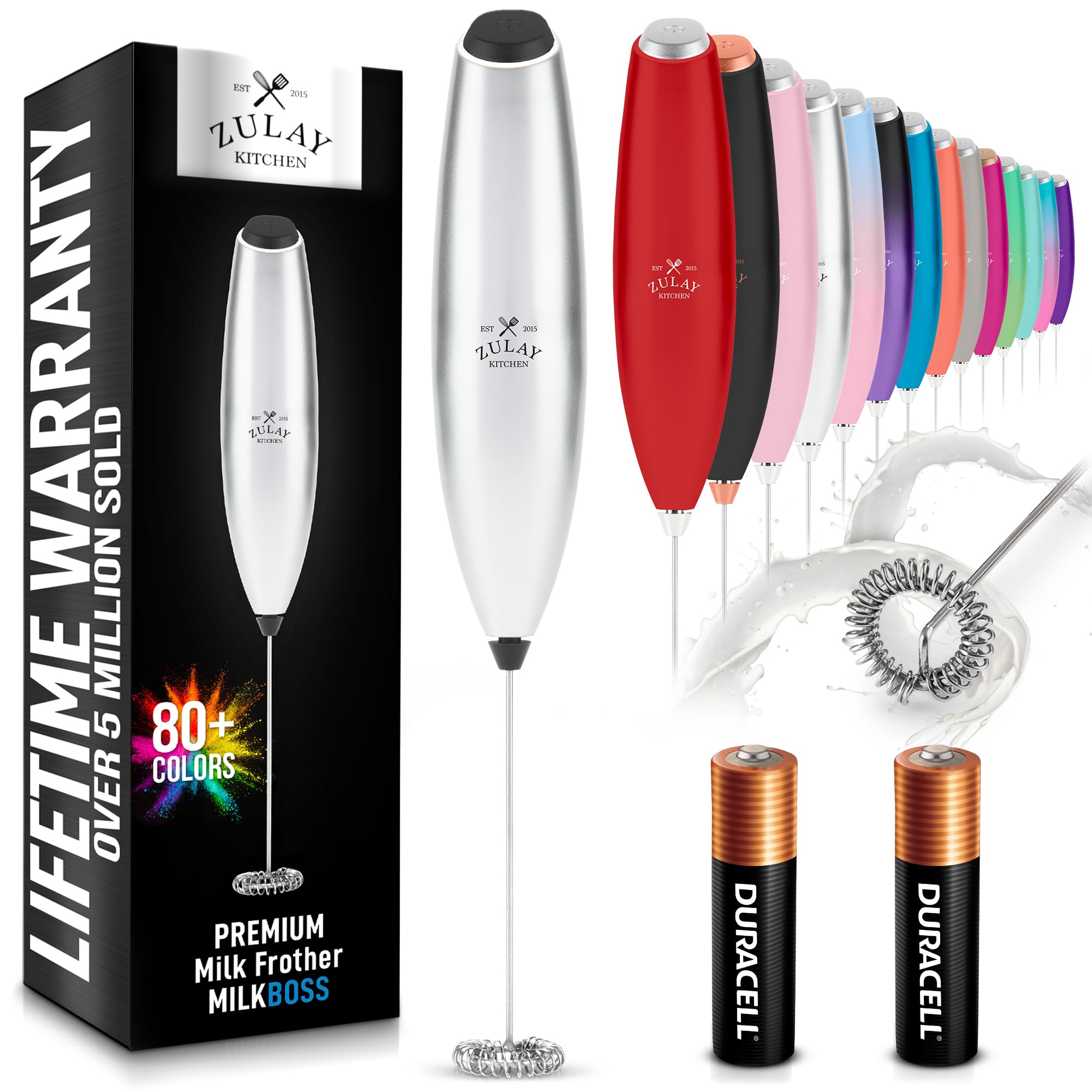 Zulay Kitchen Handheld Milk Frother with Duracell AA Batteries – Ultra Fast Electric Mixer & Foam Maker, Easy-Clean Drink Mixer for Coffee & More