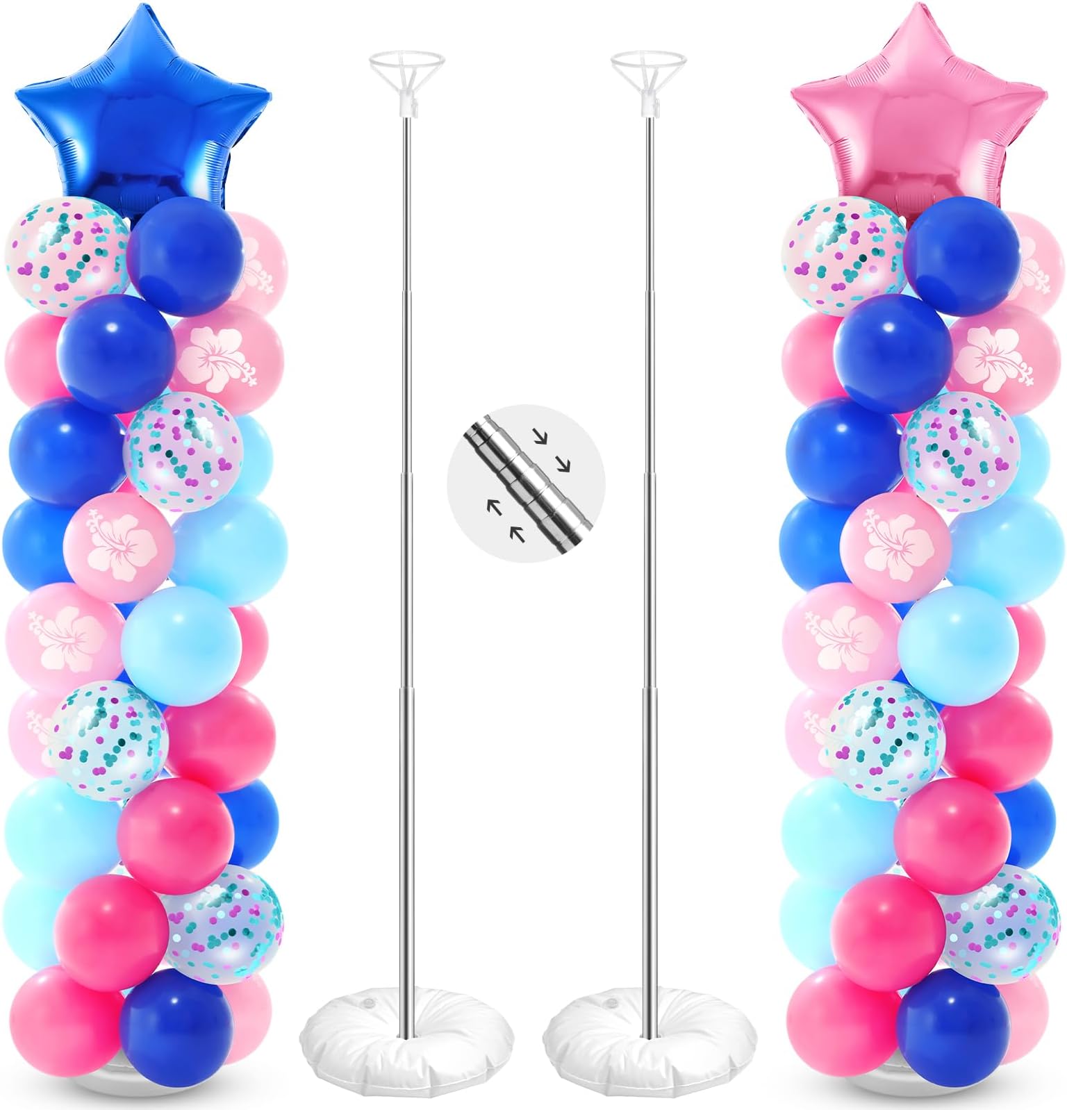 Seematn 2 Sets Pastel Blue and Pink Balloon Column Stand Kit with 2 Cartoon Star Balloons 105 Latex Balloons, Adjustable Balloon Stands for Hawaii Gender Reveal Baby shower Birthday Decor (Colorful)