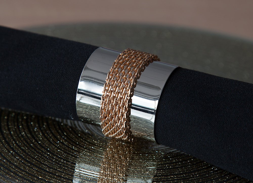 Decor Essentials Metal Napkin Rings with Chain Band Xmas Dinner Event Wedding Pack of 6 (Silver)