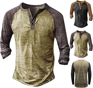 Men's Distressed Henley Shirt Patchwork Long Sleeve T-Shirt Vintage Flax Washed Button Down Tops Casual Gothic Henley T-Shirt Retro Tee Shirts