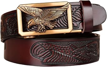 Belt Men Ratchet, Western Cowboy Belts for Men, Genuine Leather Embossed Belt with Eagle Alloy Square Buckle