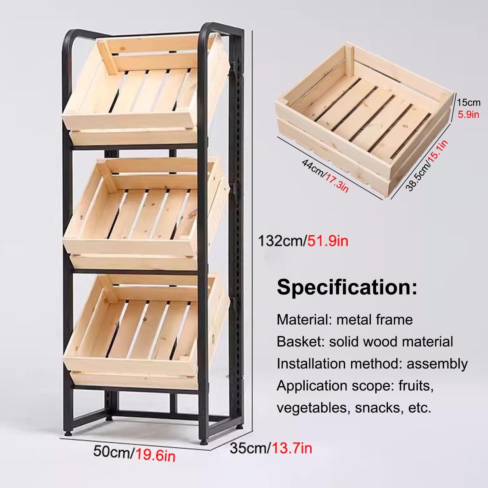 stojak ekspozycyjny, Półka wystawowa z 3 koszami na owoce i warzywa(Wood Color)