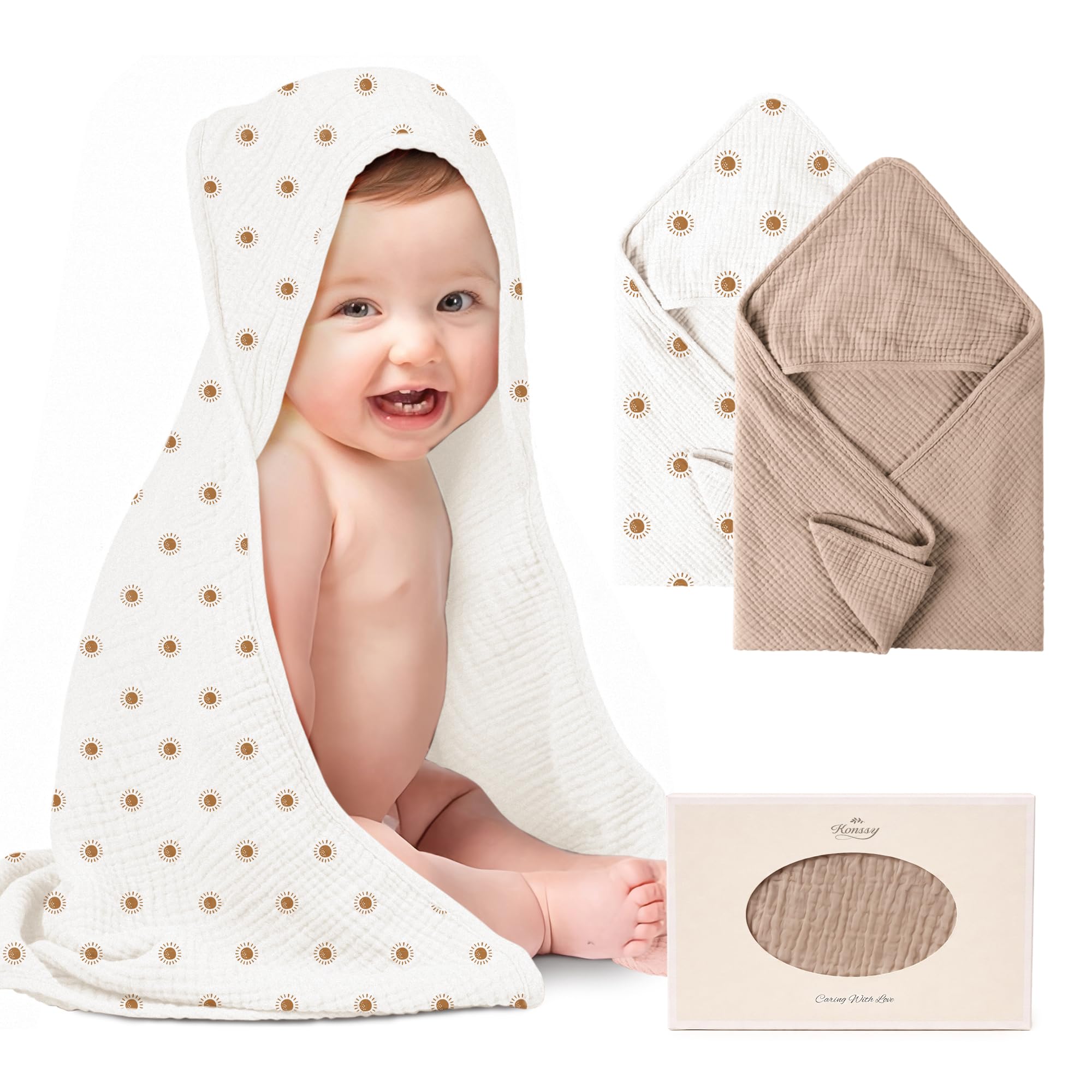 Konssy Paquete de 2 toallas de baño de muselina con capucha, 100 % algodón, toalla de baño suave con capucha para bebé, ultra absorbente, regalo para baby shower (camello, sol, 30 x 30 pulgadas)