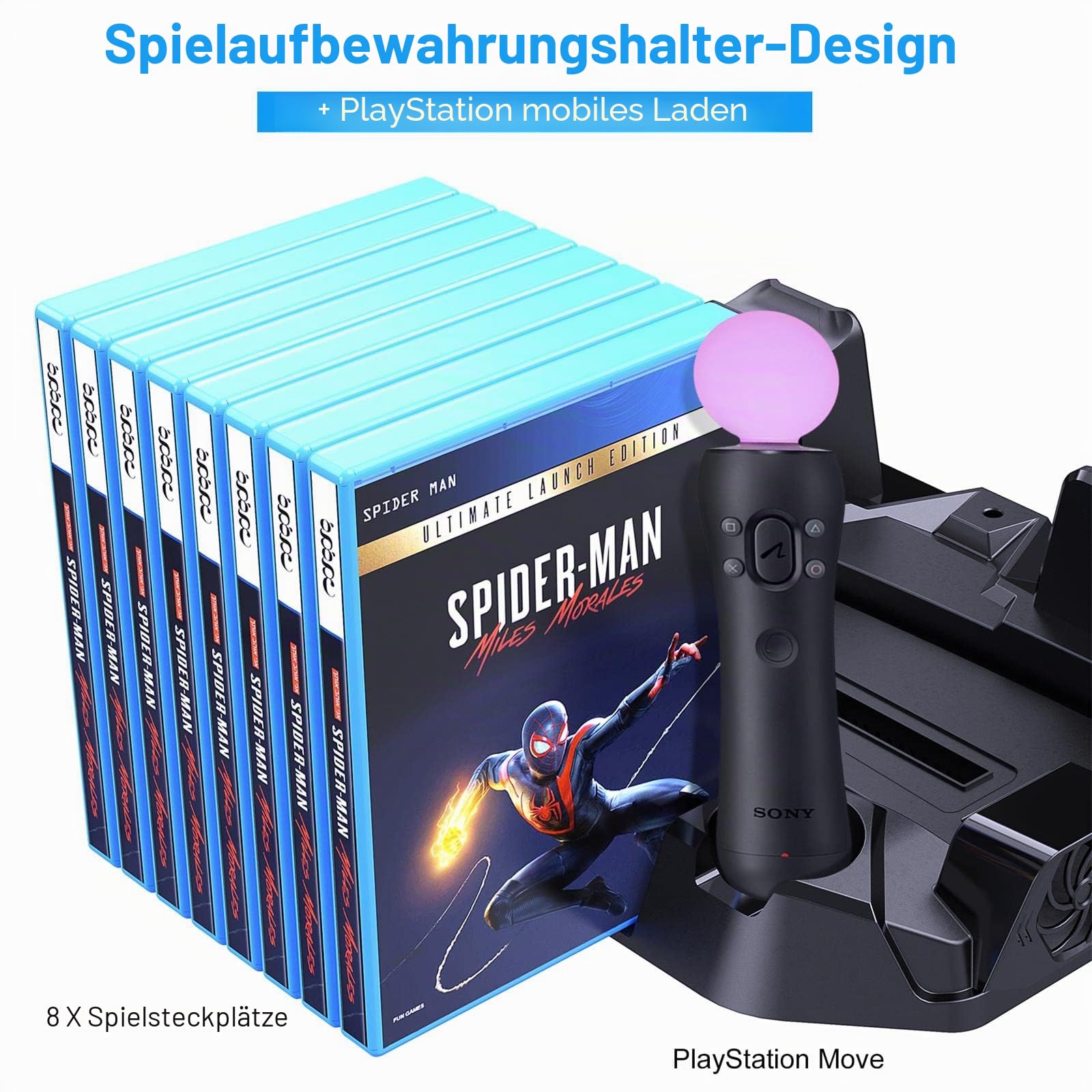 Benazcap PS5 Standfuß mit Lüfter, PS5 Zubehör für PlayStation 5 Konsole mit Dual Controller Ladestation, PS5 Ständer mit Headset Halterung und 8 Spiele Slots - Schwarz