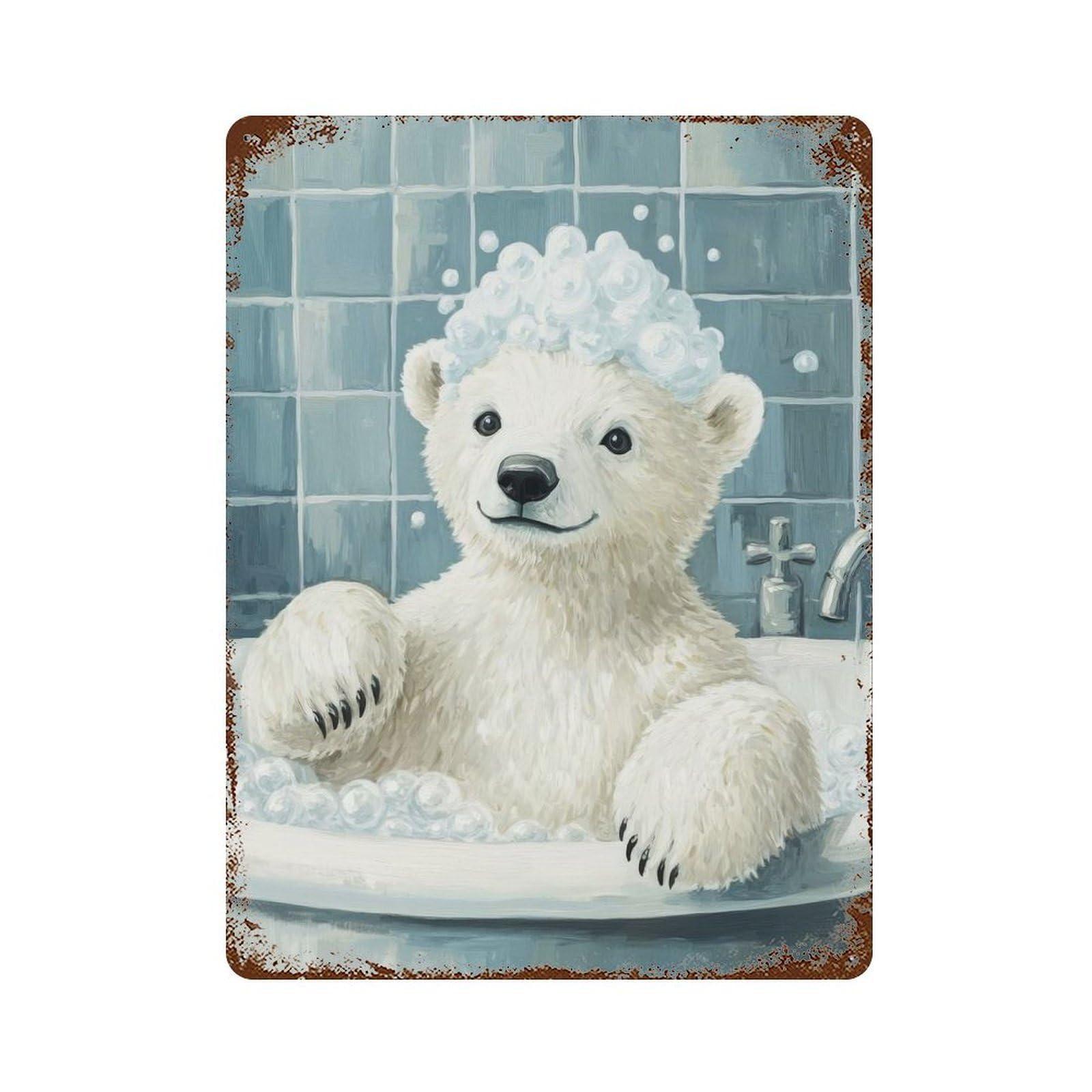 Rust Effect Polar Bear Bath Time Rustic Tin Plaque 15.7"x11.8", Classic Wall Plaque for Shed, Workshop And Garage Wall Decor