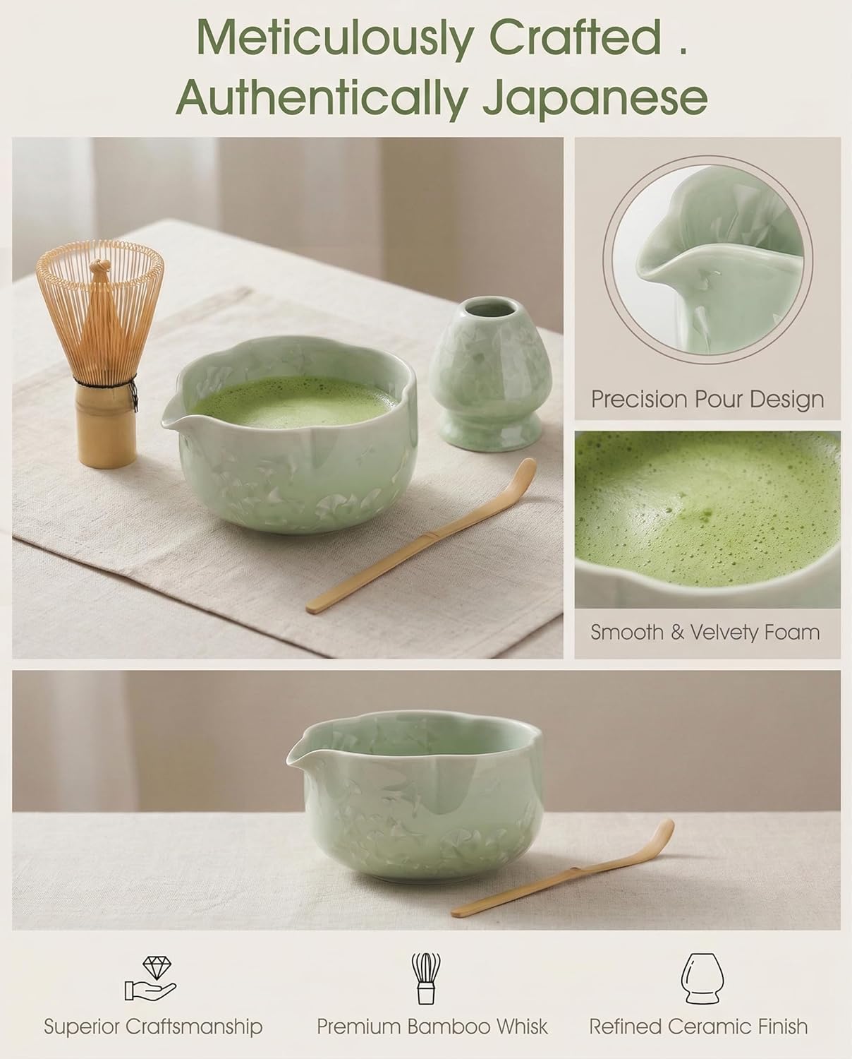 Matcha Whisk Set, 4-Piece Matcha Kit with Ceramic Matcha Bowl, Bamboo Whisk, Whisk Holder, scroop - Complete Matcha Tea Set Perfect for Beginners & Matcha Lovers Light Green