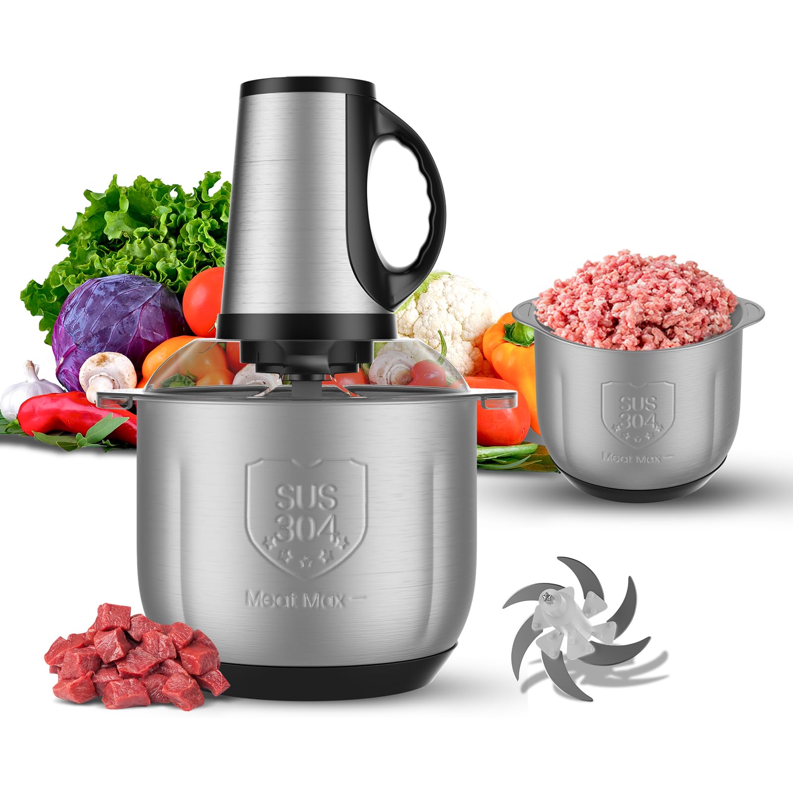 Hachoir électrique 5L 300W - 3 Vitesses, Lame 6 Feuilles Inox - Parfait Pour Viande, Légumes, Fruits, Noix