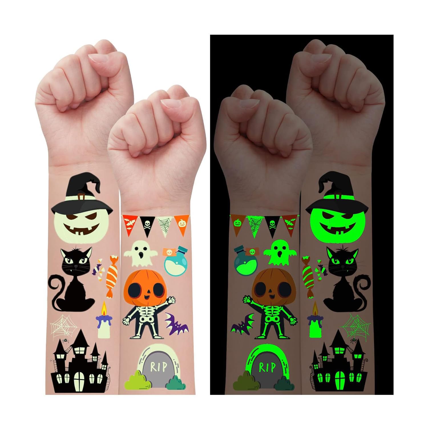 Leesgel Halloween Tattoos for Children Pack of 180 Luminous Childrens Tattoos as Halloween Decoration Party Bags & Small Gifts for Boys and Girls