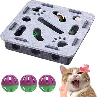 Cat Scratch Puzzle Enrichment Box – Cat Nail File Scratcher Puzzle Toy with 3 Bell Balls, Indoor Cats Nail File Enrichment Box for Mental Stimulation, Claw Care & Self-Play (Gray, Square)