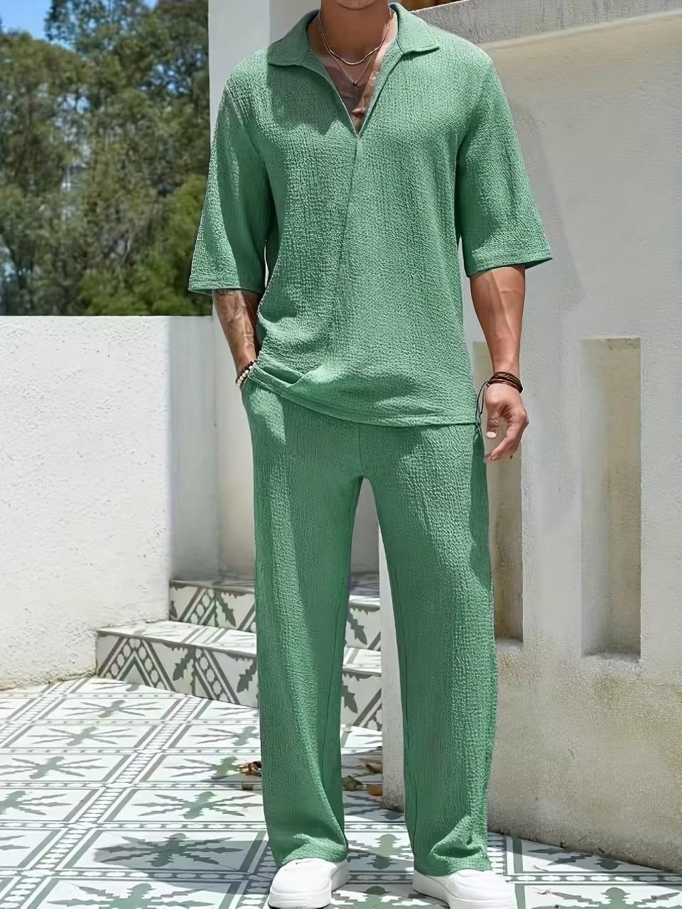 Men's Casual Shirt 2-Piece Set Summer Comfortable Lapel Half-Sleeve Pants Suit