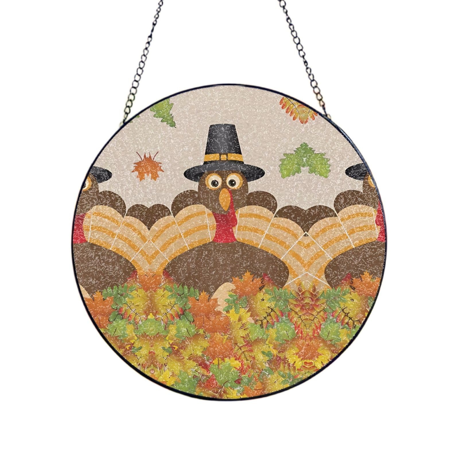 Phayah Happy Thanksgiving Decor Turkey With Maple Leaves Print Glass Window Hanging Round Suncatcher Glass Ornament Garden Wall Fence Decorations Indoor Outdoor 8in（20cm）