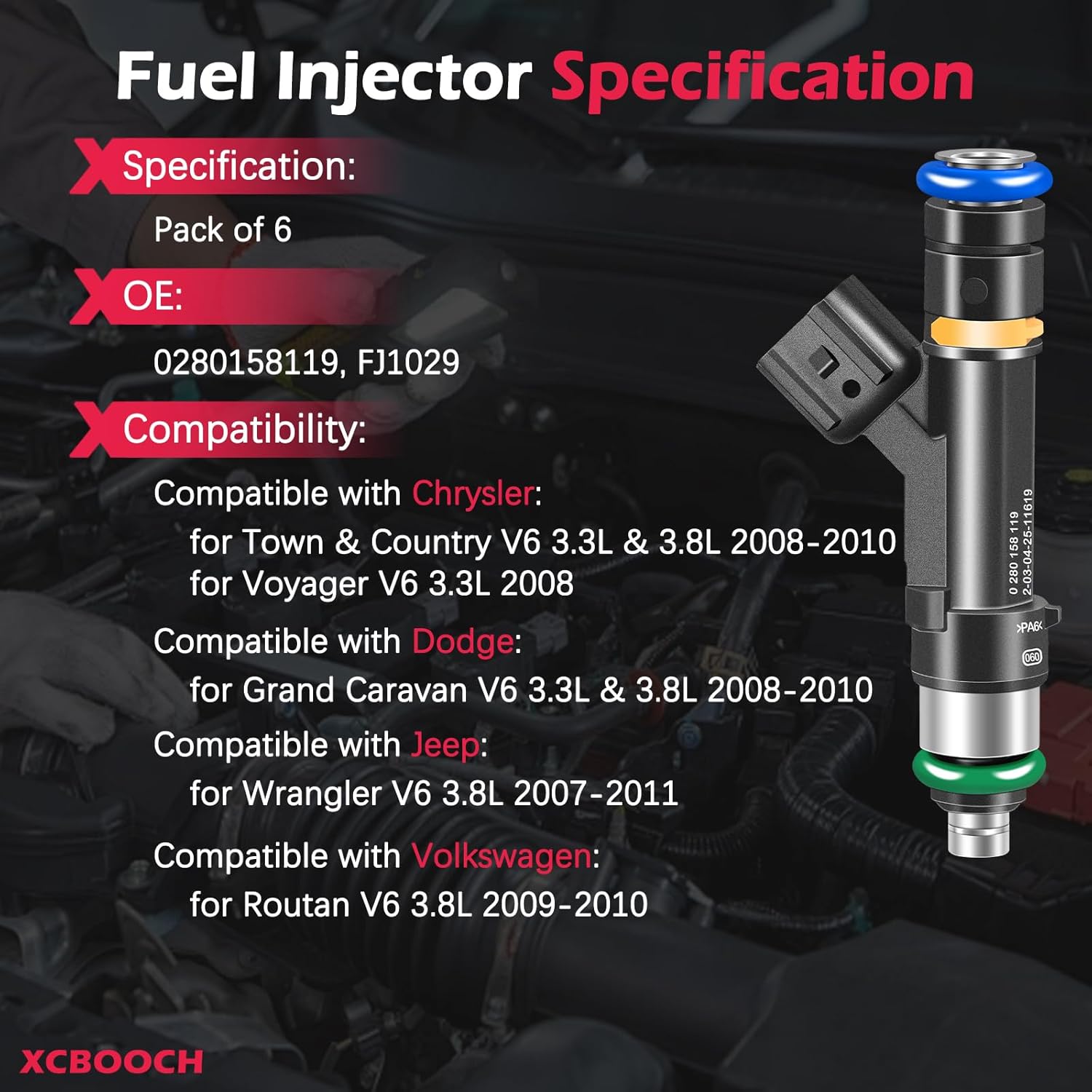 Fuel Injectors Set of 6 Compatible with Chrysler for Town & Country Voyager, for Dodge for Grand Caravan, for Jeep for Wrangler, for Volkswagen for Routan, Replace 0280158119 FJ1029