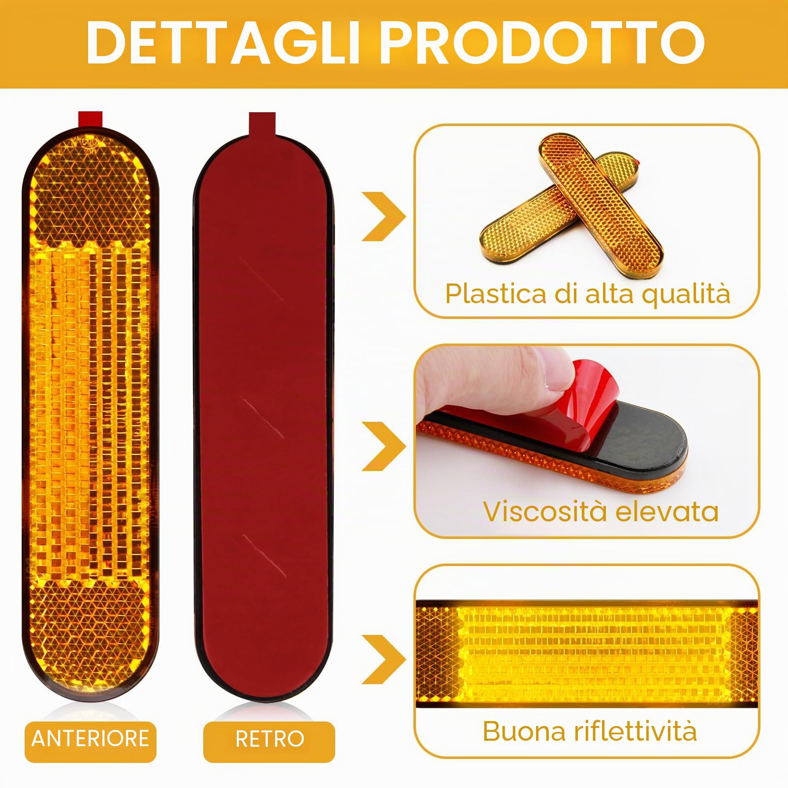 4PCS Moto Bicicletta E4 Catarifrangente Forcella Catadiottro Cat's Eye Posteriore Autoadesiva 100 x 24 x 8 mm Catarifrangente Rettangolare per Moto Scooter Dove Sono Richieste Avvertenze (Giallo)