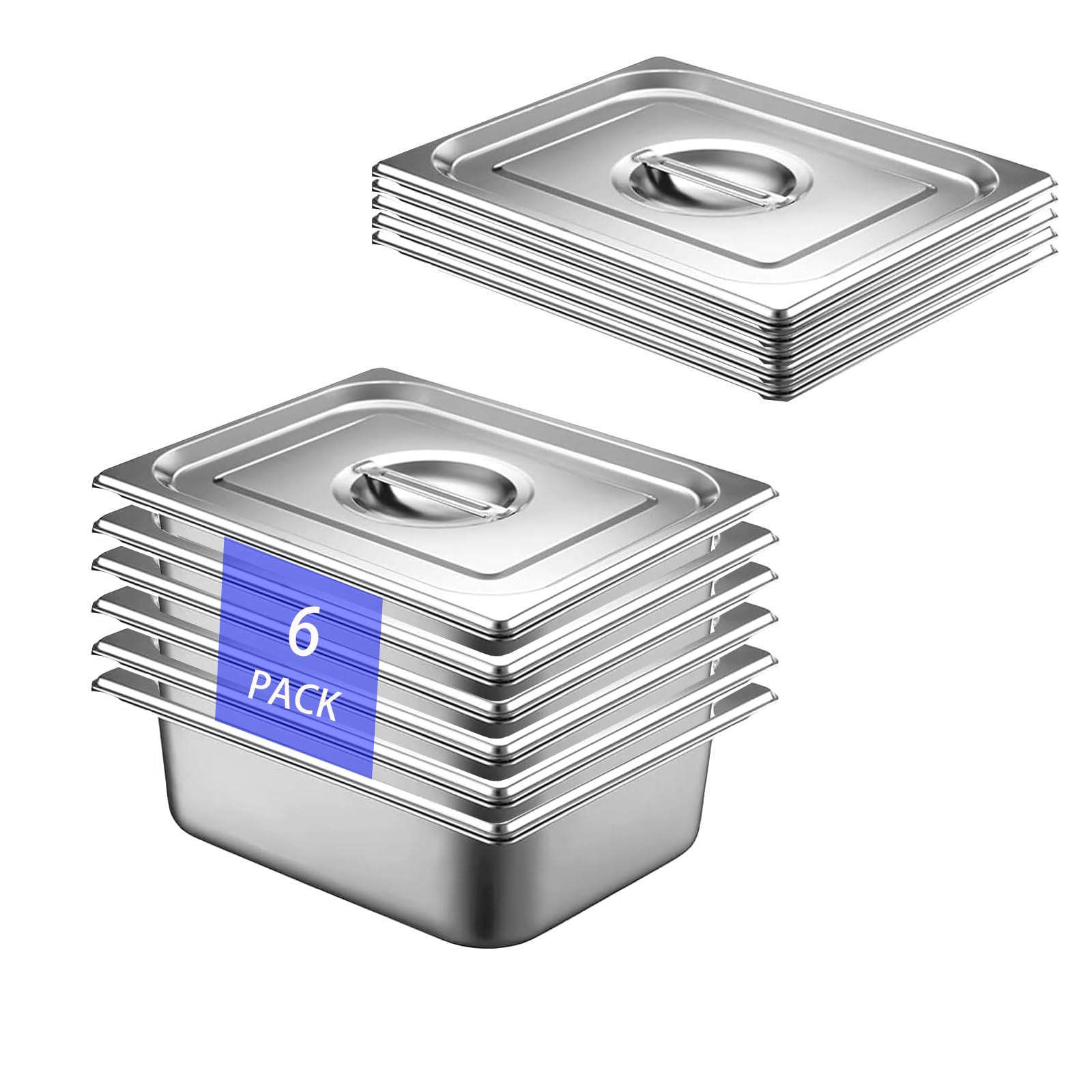 6 Stück GN 1/2 Behälter, 32,5 x 26,5 x 6,5 cm Edelstahl Behälter mit Deckel, Gastro Behälter für Speisen, Torten, Hotelpfanne Tisch Food Pan