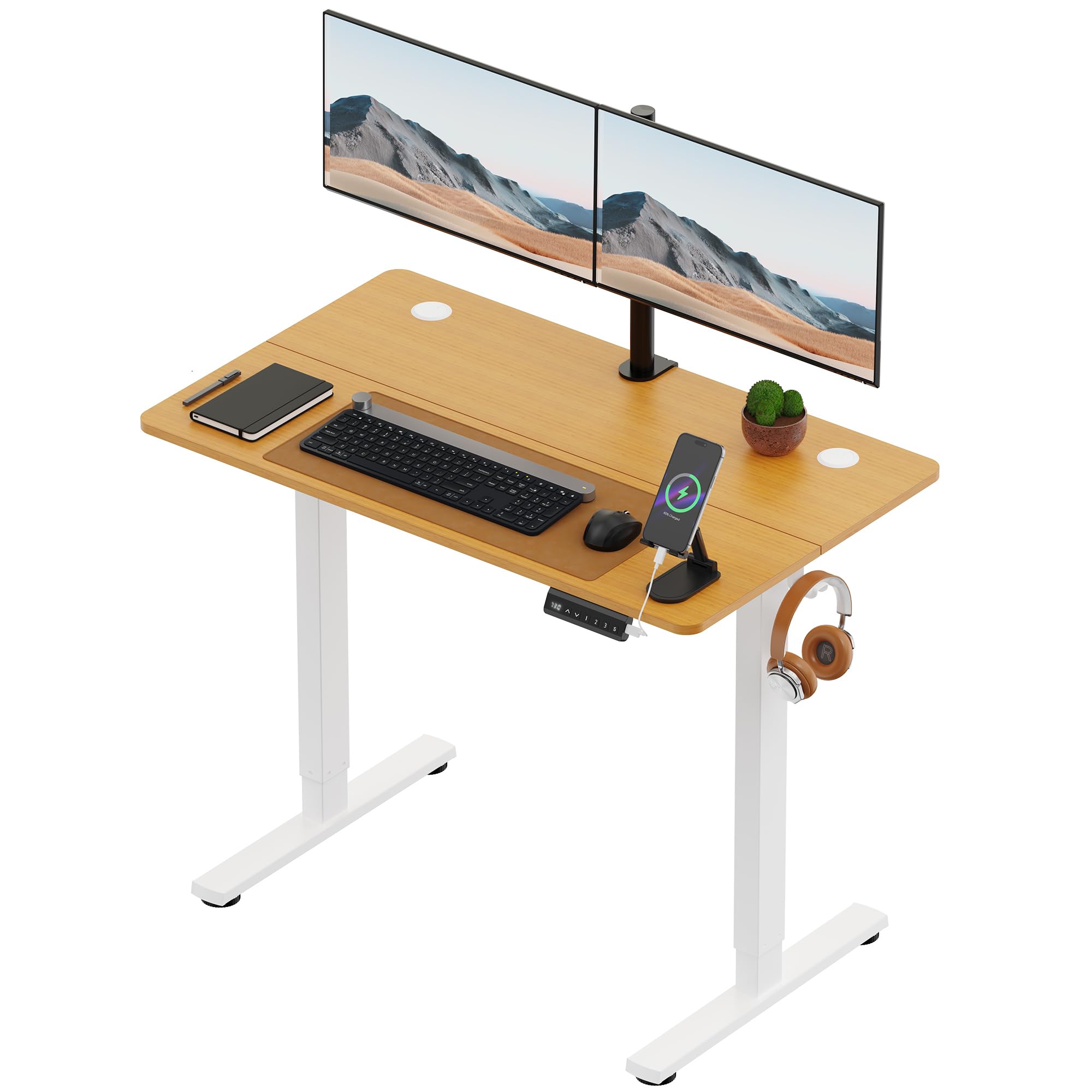 VonHaus Electric Standing Desk, USB-C Charging Height Adjustable Sit Stand Desk with Anti-Collision, Height Preset Technology & Cable Management, Light Wood Two Piece Desktop & Steel Frame, 100x60cm โ image 1