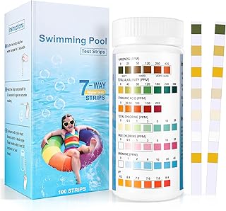 Accevo 7 en 1 Tiras de Prueba para Piscina y Spa, Kit de Prueba para 100 Piscinas, Tiras de Prueba para pH, Cloro Total, Alcalinidad Total, Dureza, Cloro Libre, Bromo, Acido Cianurico