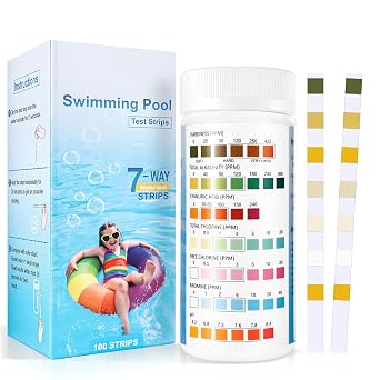 Accevo 7 in 1 Pool and Spa Test Strips, Swimming 100 Pool Test Kit, Hot Tub & Pool Water Testing Strips for pH, Total Chlorine, Total Alkalinity, Hardness, Free Chlorine, Bromine, Cyanurlc Acid