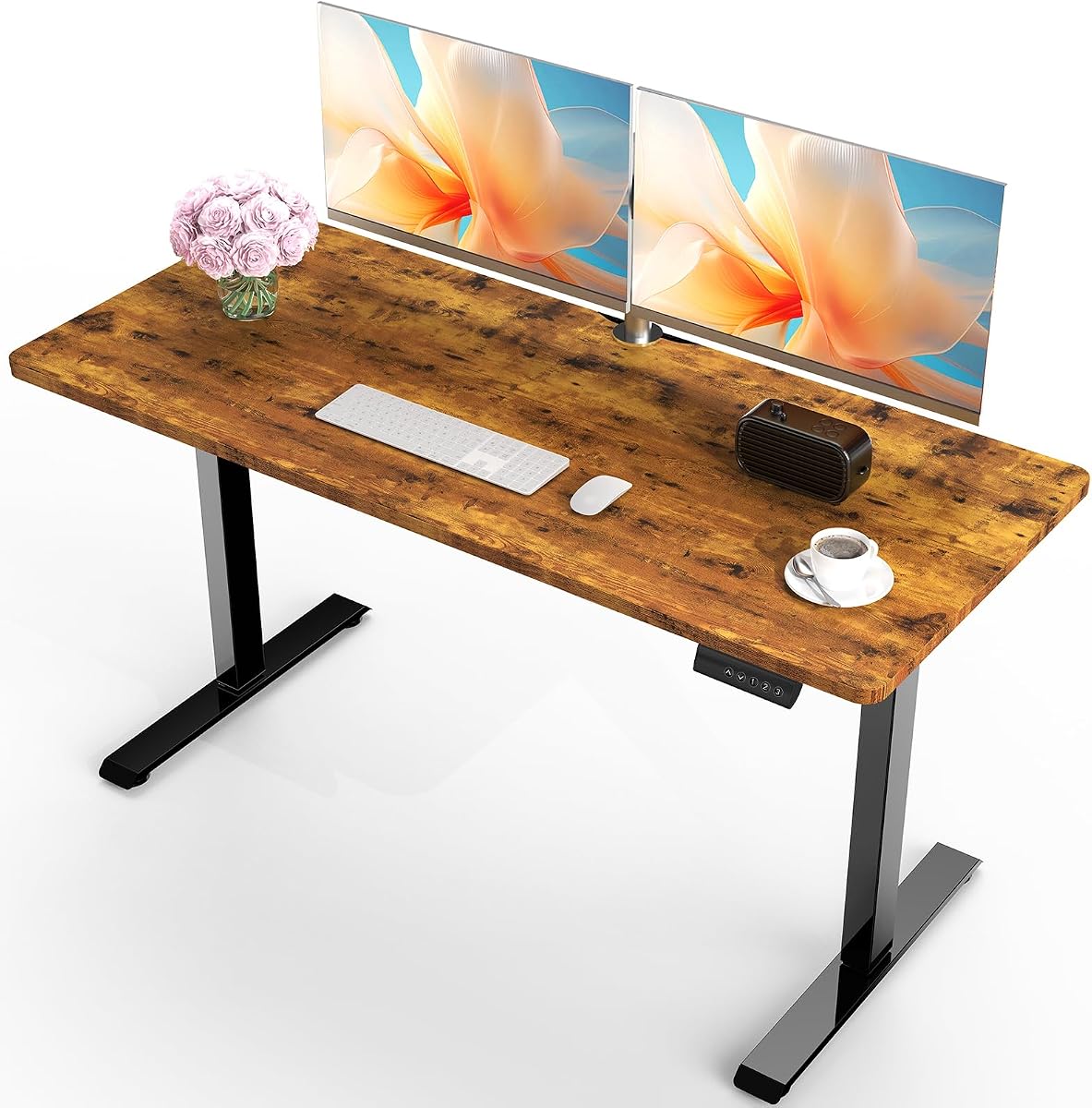 55 Inch Large Electric Standing Desk, Gaming Table, Brown | Height Adjustable Sit Stand Up Computer Tables for Home Office, Study , Writing, Suit students, employees and group work