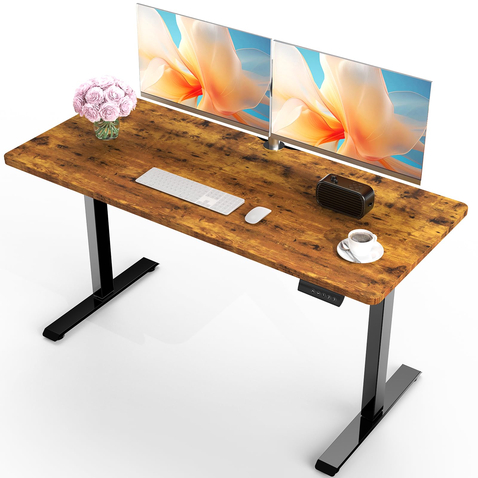 Photo 1 of Veken 55 Inch Large Electric Standing Desk, Heights Adjustable, Sit to Stand Up, Work Home Office Computer Table for Study, Walking Pad, Writing, and Games, Wooden Desktop Desks, Brown