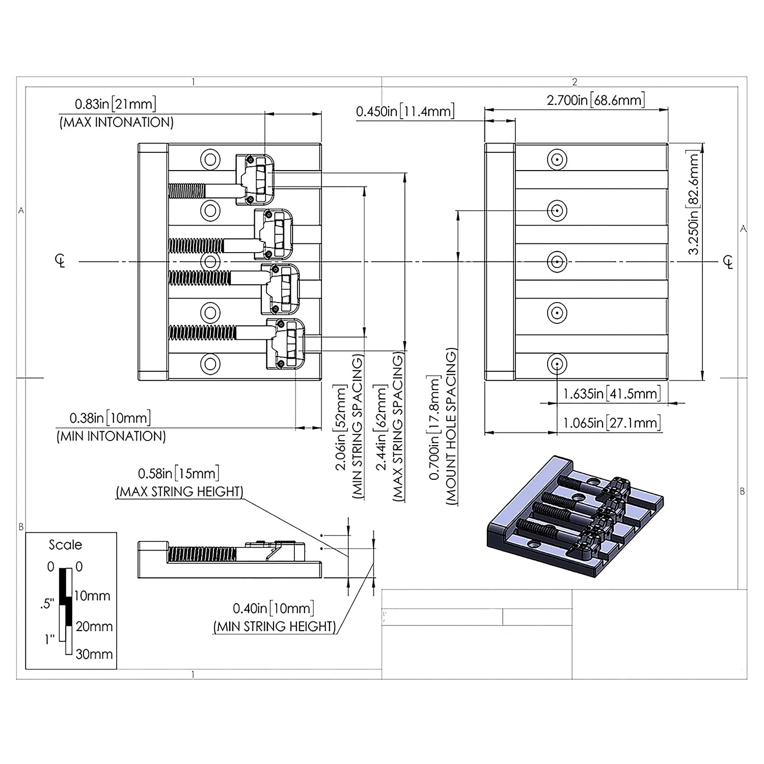 4-strunowy mostek basowy High Mass – regulowany chrom/złoty mostek zastępczy do elektrycznej gitary basowej, kompatybilny z Fender Jazz Bass i Precision Bass (chrom)