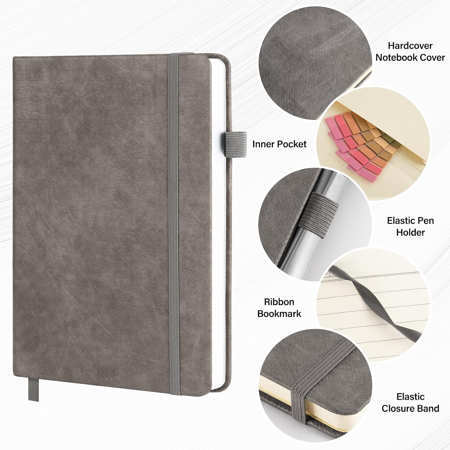 A5 Lined Journal Notebook Set with Pen & Sticky Notes, Hardcover Ruled Notebook 200 Pages Thick Paper, College Ruled Journal for Work Office School, 5.7 x 8.3 in,Gray