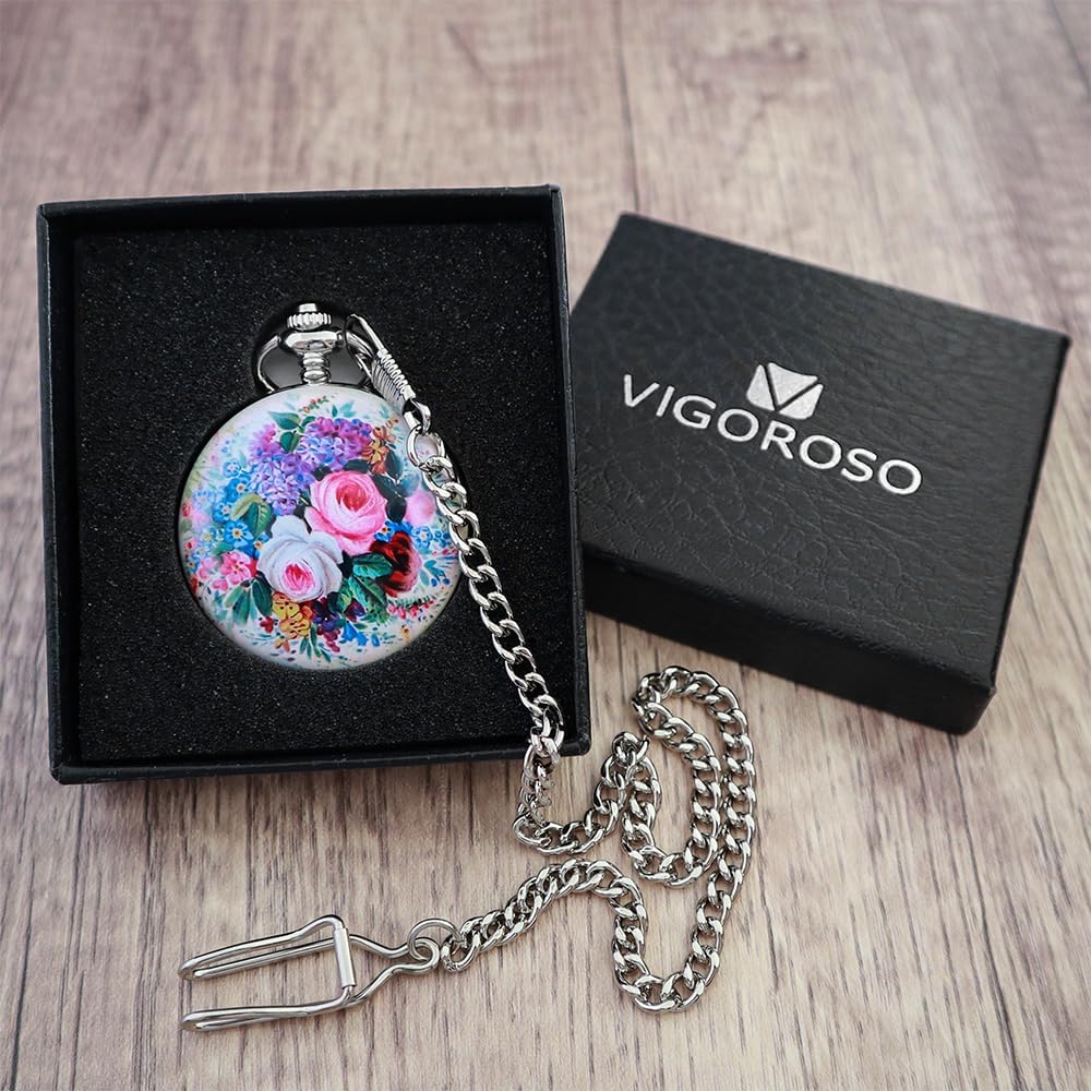 VIGOROSO Vintage Floral Bird Manual Mechanical Pocket Watch for Men & Women - Elegant Wind Up Pocket Watches Skeleton with Chain & Gift Box