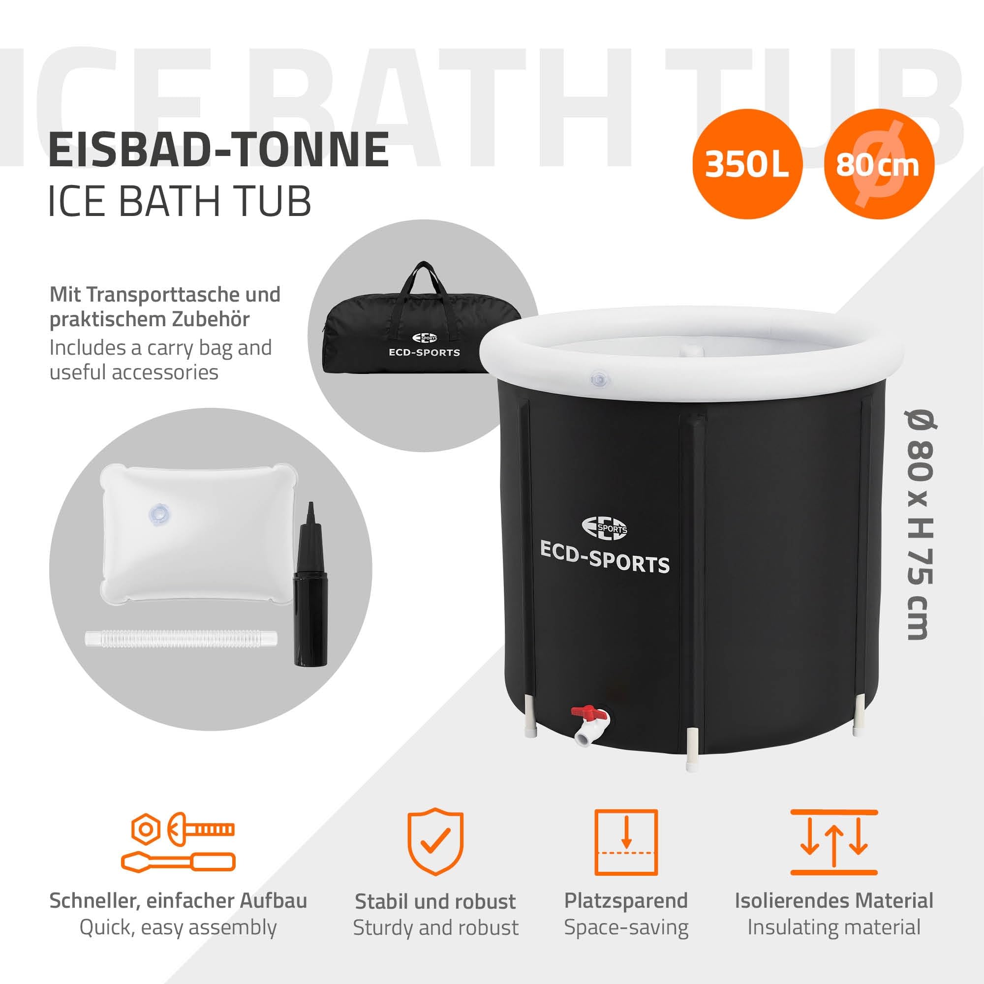 ECD Germany Vasca per Bagno di Ghiaccio Ø80 cm, Pieghevole, Set Completo con Isolamento, Vasca per Immersione 350L, Tinozza per Terapia del Freddo e Crioterapia, Portatile per Interno ed Esterno