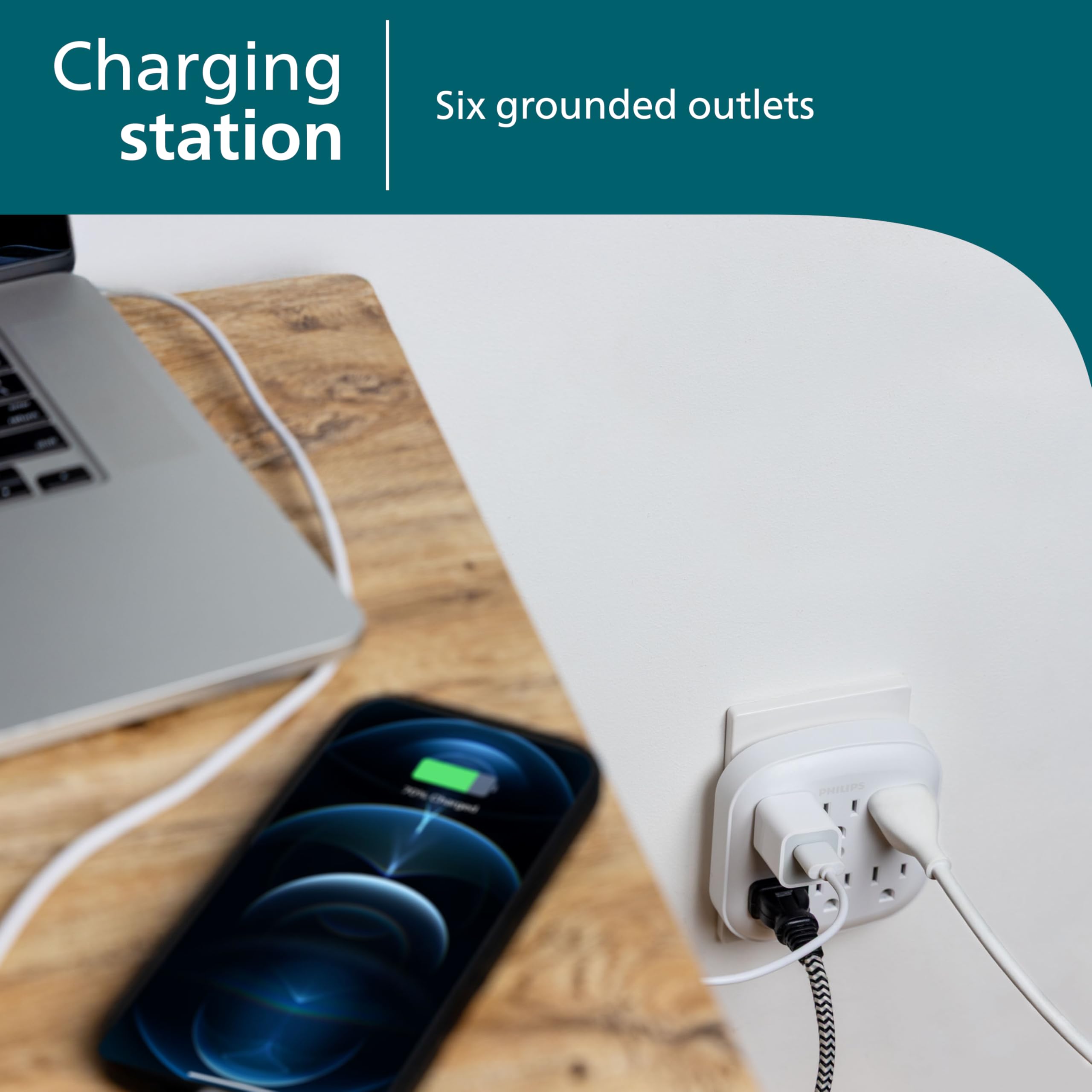 Philips Outlet Extender with Automatic Night Light, 6 Outlet Multi Plug | Wall Power Splitter, 3 Prong Grounded Multiple Plug Wall Adapter, Electrical Expander, UL Safety Listed, White, SPP1060WA/37